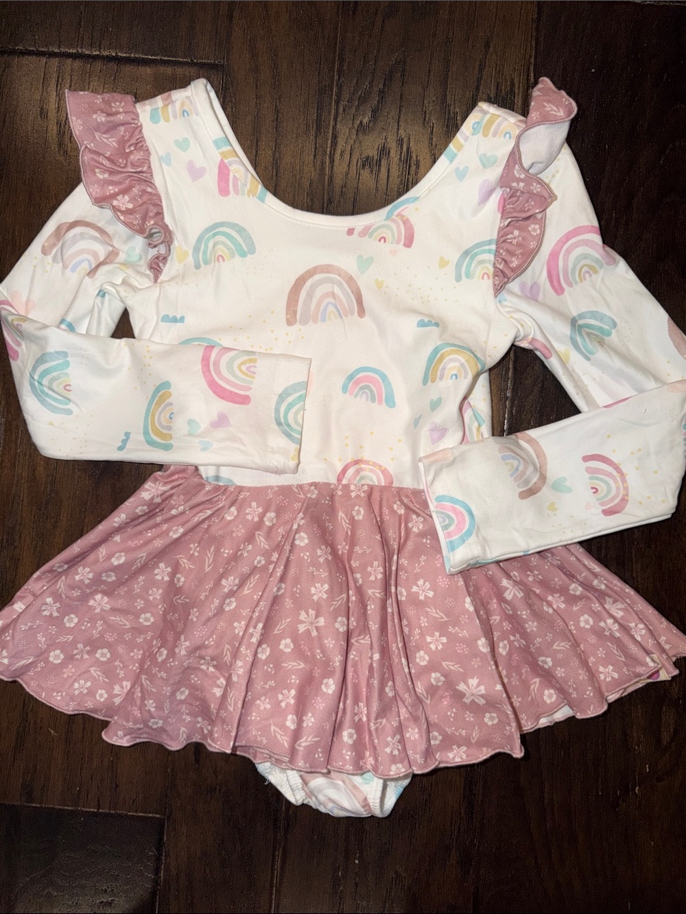 Cheeky Plum Girls Rainbow Print Skirted Leotard with Ruffle Shoulders 4t NWT